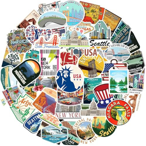 IETWATE 100 Stück USA Aufkleber, Stickers America Länder Städte, Wasserfestes Scrapbook Stickers Amerika, Reise Sticker für Fotoalbum New York, für Laptops Reise Koffer Auto Motorräder Skateboard