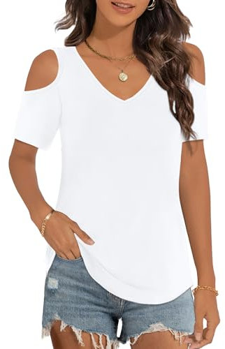 Elesomo Short Sleeve Tops for Women V Neck Tshirts Cold Shoulder Shirt, White M