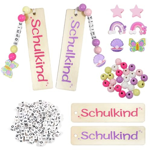2-teiliges Set Schulanfang Lesezeichen Mädchen, Personalisiert Geschenke Kinder - Holz Schulkind Lesezeichen | A-Z Buchstaben Perlen | Regenbogen Muschel Holzperlen, Geschenke zur Schultüte Inhalt