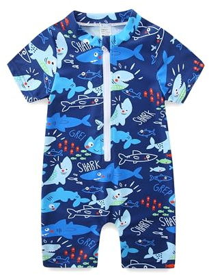 KIDDLETOWN Maillot de Bain Bébé Garçon Une pièce à Manches Courtes | Imprimé Requins, Tortues et Baleines, Maillot de Bain Bébé Garçon Une pièce Vêtements à Manches Courtes 6-24 Mois 2-3 Ans