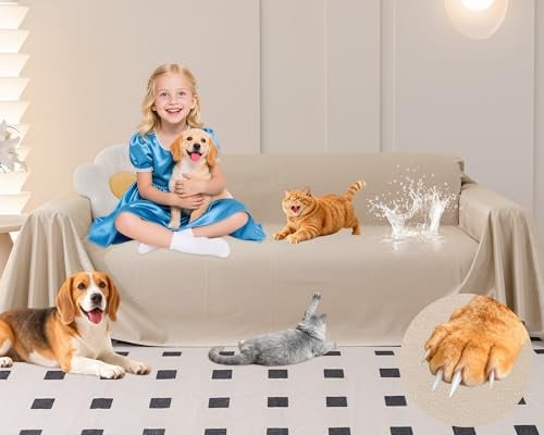 Loiion Kratzschutz Sofa Katze, Weich Couch Katzenschutz, Khaki, 380x230cm | Sofa Überzug 3 Sitzer, Sofabezug Wasserdicht Tierhaare, Rutschfest Sofaüberwurf für Haustiere Kinder Hund Katze Kratzer