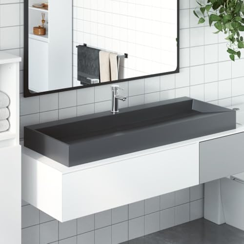 HaoChrymec Waschbecken mit Mineralguss, Anthrazit, Aufsatzwaschbecken oder Wandwaschbecken, Modernes Design, Für Badezimmer, Waschküche, 120 x 46 x 11 cm