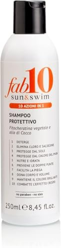 Fab10, Shampoo Protettivo Sun&Swim 10in1, 250ml | Shampoo per Capelli Professionale a Base di Cheratina e Olio di Cocco con 10 Benefici, Protegge dal Calore del Sole