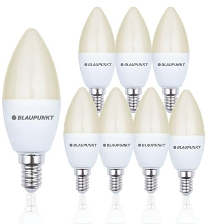 Blaupunkt LED Kerze, E14 Sockel, 7W ersetzt für 50W Glühlampe, Warmweiß 2700K, gelbes Licht, nicht dimmbar, 595 Lumen, Glühbirnen, Raumbeleuchtung, 8 Stück (8er Pack), Warm White | Sparset, Ersetzt 50W, Flimmerfrei, Augenschonend, Breite Ausleuchtung – für Wandlampen, Flure und Schlafzimmer