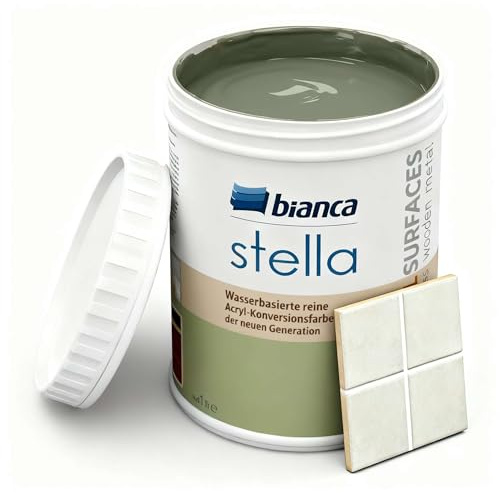 Bianca Stella Fliesenfarbe Ohne Schleifen - Wasserbasierter Parfümierter Fliesenlack für Badezimmer, Küche, Bodenfliesen, Wandfliesen - Olivgrün, Glänzend, Kratzfest, Hochdeckend, 1000ml
