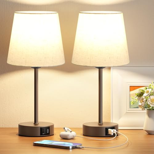 PreeOtti Nachttischlampe Touch Dimmbar 2er Set, Tischlampe mit Ladefunktion USB A+C-Anschlüssen 2 LED Birnen, Leinen-Lampenschirm, Kleine Lampe für Schlafzimmer Wohnzimmer Babyzimmer Büro