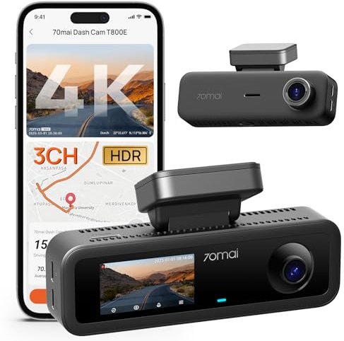 70mai Car Dash Cam 4K 3 canali T800E, Tripla Telecamera Anteriore e Posteriore 4K+1080P+1080P, HDR, Visione Notturna IR, Modalità Parcheggio, F1.55, GPS, Supercondensatore, MicroSD non inclusa