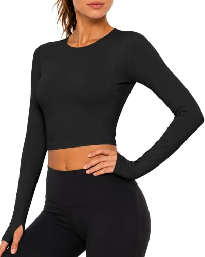 HIBETY Women's Seamless Long Sleeve Crop Top, Fitted Crew Neck Workout Shirts with Thumb Hole for Gym Yoga Athletic Casual