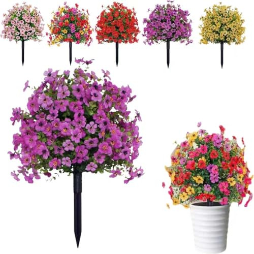 Fiori artificiali per esterni con paletti da terra, piante artificiali a punta resistenti ai raggi UV da 23,5 pollici, arbusti artificiali a forma di palla in bosso finto con inserto a terra per