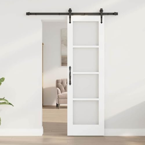 Puerta corredera Orkdal Blanco 152,5 x 198,5 cm | Madera maciza de pino y cristal, deslizamiento silencioso, kit de riel incluido, para interiores