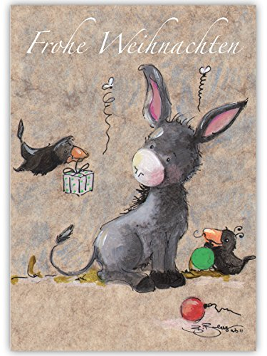 Kartenkaufrausch 1er Set Süße Weihnachtskarte mit kleinem Esel und Geschenke Raben, innen weiß: frohe Weihnachten • liebevolle Grußkarte zu Weihnachten, Neujahr, Silvester für Familie Firma