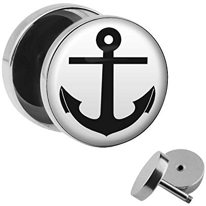 Treuheld | Ohrstecker zum Schrauben - Anker - schwarz-weiß - Ø 10mm Silber - Motiv Fake-Plug Edel-Stahl Ohr-Ringe - Chirurgen-Stahl 316L Fake-Tunnel - Gewinde Ohr-Stecker Retro Oldschool Rockabilly