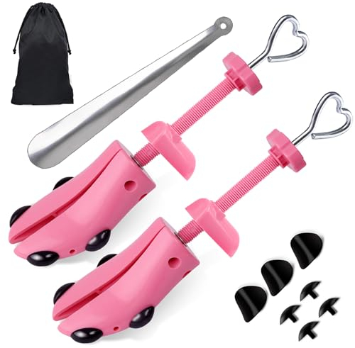 Shoe Stretcher Women, Pair of 4-way Adjustable Shoe Widener Expander to Stretch Length Width Height for Wide Feet, Tough Plastic Shoe Tree Shaper with Bonus 12 Bunion Plugs, Medium