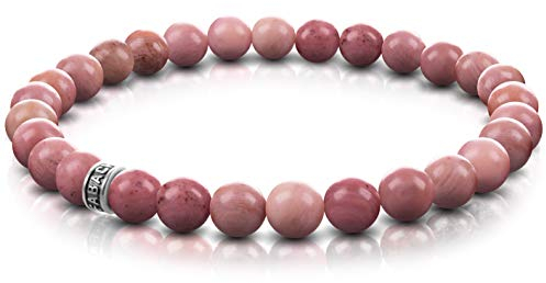 FABACH Rhodochrosit Perlenarmband mit 6mm Edelstein-Perlen und 925 Sterling Silber Logo-Perle - Edles Naturstein Stretch-Armband für Damen (Rosa-Rot)