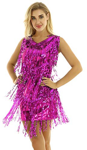 Agoky Femme Robe De Danse Latine Jazz à Franges Gland Robe Asymétrique Soirée Cocktail Clubwear Paillettes Brillant Collant Robes sans Manche Dancewear Rose XXL