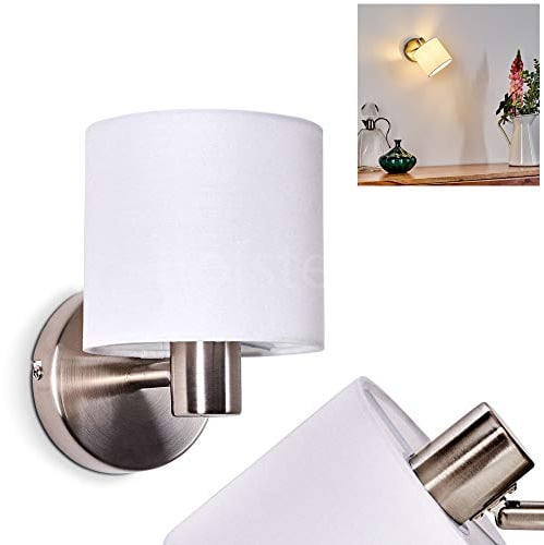 Wandleuchte Alsen, Wandlampe aus Metall/Stoff in Nickel-matt/Weiß, 1-flammig, 1 x E14-Fassung, verstellbarer Wandspot mit Stoff-Schirm im Retro/Vintage-Desgin, ohne Leuchtmittel
