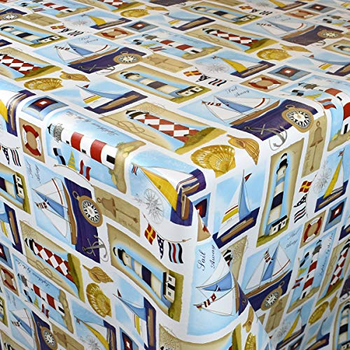 KEVKUS Wachstuch Tischdecke K-BE4201 maritim Leuchtturm Seestern Muschel Meer wählbar in eckig rund oval (Rand: Schnittkante (ohne Einfassung), 100 x 140 cm eckig)