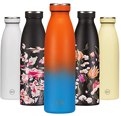 B2DO for GH Bouteille d'eau Isotherme 500ml Orange Marine |Gourde métallique réutilisable en acier inoxydable à double paroi sous vide |Gourde INOX isotherme de sport | Bouteille isotherme sans BPA