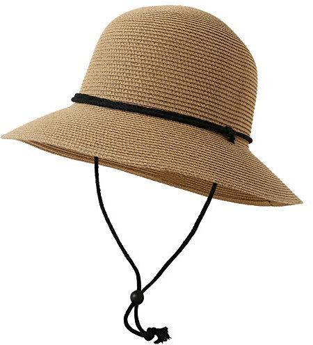 Lanzom Chapeau de soleil pliable à large bord avec paille enroulable UPF 50 pour femme avec cordon coupe-vent, kaki, Taille unique