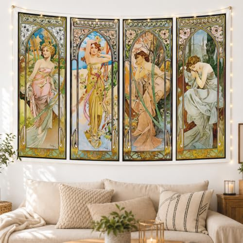 INVIN ART Wandteppich Wandbehang Kunst Home Decor The Times of the Day Serie von Alphonse Mucha Kunstdruck Gemälde für Wohnzimmer, Schlafzimmer, Badezimmer, Wohnheim