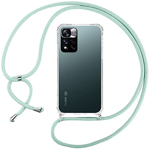 ISOI Coque pour Xiaomi Redmi Note 11 Pro/Redmi Note 11 Pro + avec Cordon de Collier, Coque Transparente Redmi Note 11 Pro Silicone TPU Bumper Etui Housse avec Cordon Réglable Téléphone Lanyard， Vert