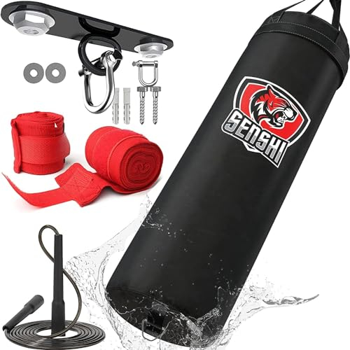 Outdoor Punch Bag 𝗛𝗘𝗔𝗩𝗬 𝗙𝗜𝗟𝗟𝗘𝗗 3, 4, 5ft For Boxing, MMA, Muay Thai Boxing Gloves, Skipping Rope & Bracket Set For Kids & Adults (Unfilled, 4 Ft)
