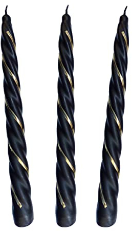 Auswahl Farbe + Menge - gold verzierte Spiralkerze Spitzkerze Stabkerze Renaissancekerze Tafelkerze Leuchterkerze ca. Ø 22 x 220 mm gedreht hier: 3 Kerzen schwarz (matt) / gold