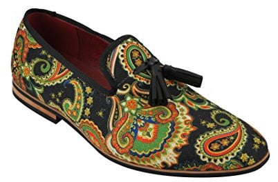 Xposed Herren Leder Quaste Loafer Vintage Designer Style Paisley Drucken Schuhe Schwarz Blau [UK 8 EU 42, Schwarz]
