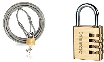 Câble Antivol pour Gastronomie et Meubles de Jardin Dolezych, Longueur 10 m & Master Lock 604EURD Cadenas à Combinaison à 4 Chiffres en Aluminium et Finition Laiton, Doré, 8,1 x 4 x 1,8 cm