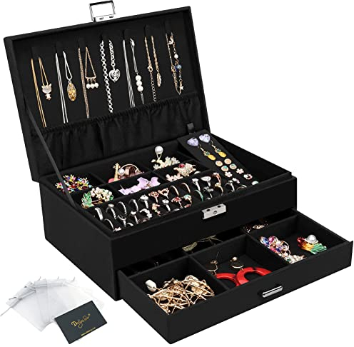 Schmuckkasten, Schmuckkästchen mit Schubladen für Damen Mädchen, Samt Schmuckbox Schmuckschatulle Groß Schmuck Organizer für Ringe Ohrringe Armbänder Halsketten, Schwarz