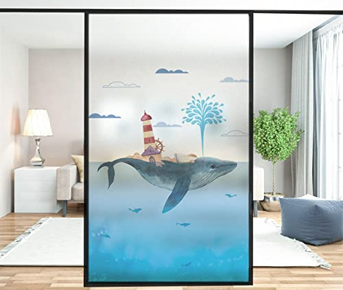 KEYESMINER Statische Fensterfolie selbsthaftend Blickdicht 44,5x200 cm Cartoon-Delphin-Leuchtturm Sichtschutzfolie Fenster Milchglasfolie Statisch Haftend Anti-UV Für Büro Küche Wohnzimme Badezimmer