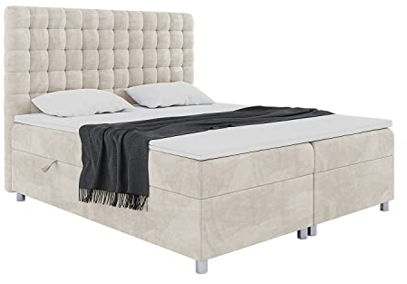 MEBLINI Boxspringbett mit Bettkasten - Gepolstert Doppelbett mit Matratze und Topper - Polsterbett mit Stauraum - Bett mit Kopfteil - Stauraumbett - Aston - 160x200 - H4/Creme Samt