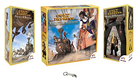 Set Colt Express Förderband und gepanzerter Zug, französische Version + Marshal und Gefangene + Pferde und Diligences + 1 Flaschenöffner Blumie
