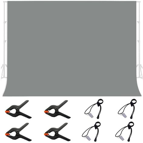 jiuzcare Fotohintergrund Grau 3 x 2 m mit 4 Klemmen und 4 Spannklammern mit elastischer Schnur, Backdrop aus Polyesterstoff, faltbar, von Hand waschbar, Hintergrund für Produktfotografie und Video