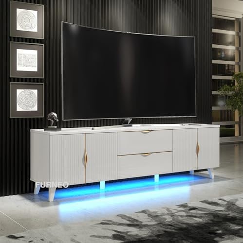 Furneo White TV Stand 180cm Unit Cabinet Matt & High Gloss Azzurro10 Brushed Gold Handles Blue LED Lights