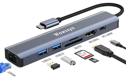 Hub USB C Ethernet 1000M, Wowssyo 7 in 1 Docking Station USB C, Multiporta USB C HDTV 4K, PD 100 W, 2 USB 3.0, SD/TF, Adattatore MacBook Air/Pro, Per Switch, PC e altri dispositivi di Tipo C
