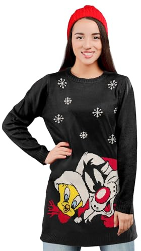 United Labels Looney Tunes Strickkleid für Damen, Sylvester und Tweety, Schwarz, Kleid Langarm, Winterkleid