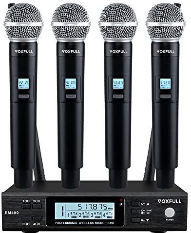 VOXFULL 4 Channel UHF Wireless Microphone Cordless Handheld Microphones Professional for Singing Karaoke Church 4x100 Adjustable Frequency(328FT)