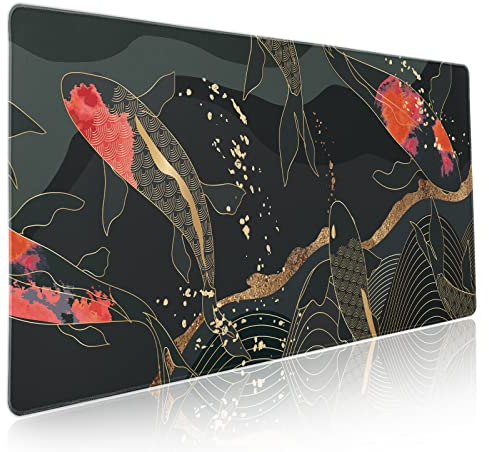 Japanisches Gaming-Mauspad, XXL, Koi-Fisch, Kunst, Goldtextur, Anime, erweiterte große Schreibtischmatte, rutschfeste Gummiunterseite, genähter Rand, lange Tastatur-Mauspad für PC, Computer, Laptop,