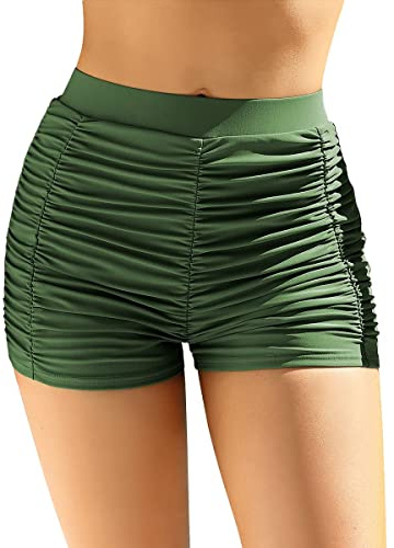 CharmLeaks Women Ruched Swim Shorts Quick Dry Swimwear Bottoms Boyleg Swim Board Shorts Army Green XL