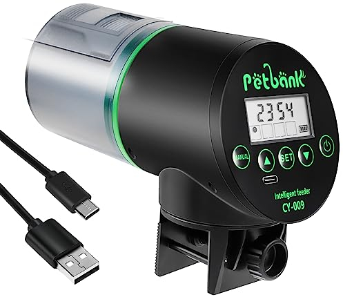 Petbank Distributeur Nourriture Poisson Aquarium - Timer Rechargeable avec Câble de USB Charger, Distributeur Automatique Aquarium avec Ecran LCD, Distributeur Nourriture Tortue,Noir