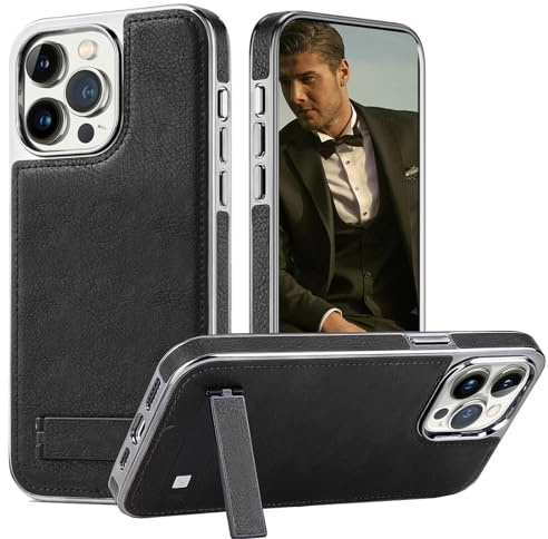Mipoclea Luxus Leder Invisible Ständer Hülle für iPhone 15 Pro, Weiche Lederhülle mit Kickstand, Schlankes Luxus Beschichtung Rahmen Stoßfest Anti-Kratz Cases für iPhone 15 Pro(Schwarz)