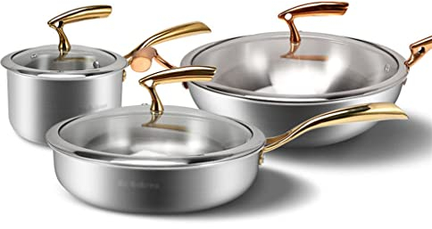 BONOOL Edelstahl-Kochgeschirr-Set Wok Bratpfanne Milchpfanne Bratpfanne Doppelpfanne Antihaftbeschichtung Küchentopfset Küchenwerkzeug Kochgeschirr Kit (Farbe: A, Größe