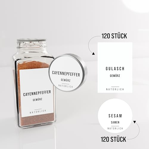 colortouch Gewürzetiketten Selbstklebend - 240 Stück Aufkleber Gewürzetiketten (Rund und Eckig) - Vorratsetiketten - Gewürzgläser Etiketten - Gewürz Sticker - Wasserfest - Minimalistisch - Weiß