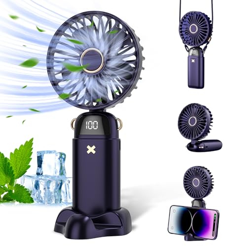 IGRARK Hand Held Fan Rechargeable, Portable Mini Handheld Fans with 5 Speed, Folding Desk Desktop Fans, USB Neck Fan for Travel Camping Home Office, Blue