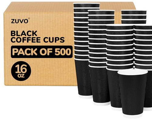 Zuvo Takeaway Coffee Cups - 16 OZ - Box of 500 Cups Ripple Takeaway Paper Coffee Cups Without Lids Bulk Disposable Cups Tripple Wall Heat Resistant Best for Hot Drinks