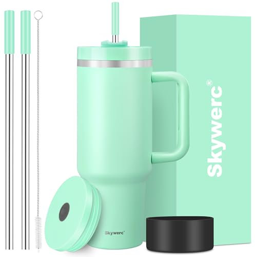 Gobelet de 1200 ml avec poignée et paille, couvercle 2 en 1, bouteille d'eau isotherme à double paroi en acier inoxydable – Tasse de voyage – Cadeau de vacances pour homme et femme – Vert menthe