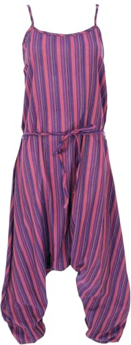 GURU SHOP Boho Jumpsuit, Baumwoll Sommer Pluderhose, Overall, Gestreiftes Aladin Hosenkleid - Flieder/Weinrot, Damen
