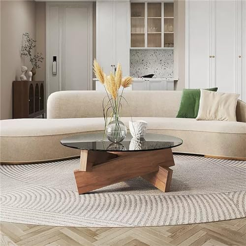 DAXUESEH Table Basse Ronde en Verre Table Basse Grand Cercle Table Centrale du Milieu du Siècle Table Basse en Verre Table De Bout pour Salon avec Pieds en Bois Massif
