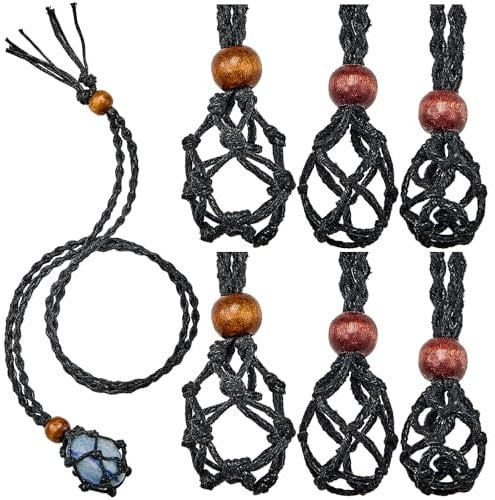 Hicarer 6 Pieces Necklace Cord Empty Stone Holder Empty Necklace Holder Quartz Crystal Stone Cord, 3 Sizes Adjustable Cage Fish Netted for DIY Jewelry Making(Black)